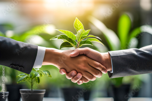 Executives agree on a sustainable initiative. Business handshake over green, environmental project in modern office. Concept of eco-innovation for corporate sustainability and collaborative progress photo