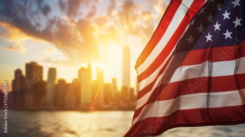 US national flag and New York City skyline at sunset.