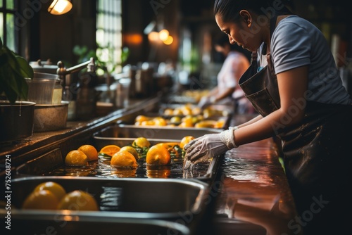 Lady in an apron and gloves washing fruit in a commercial kitchen setting photo