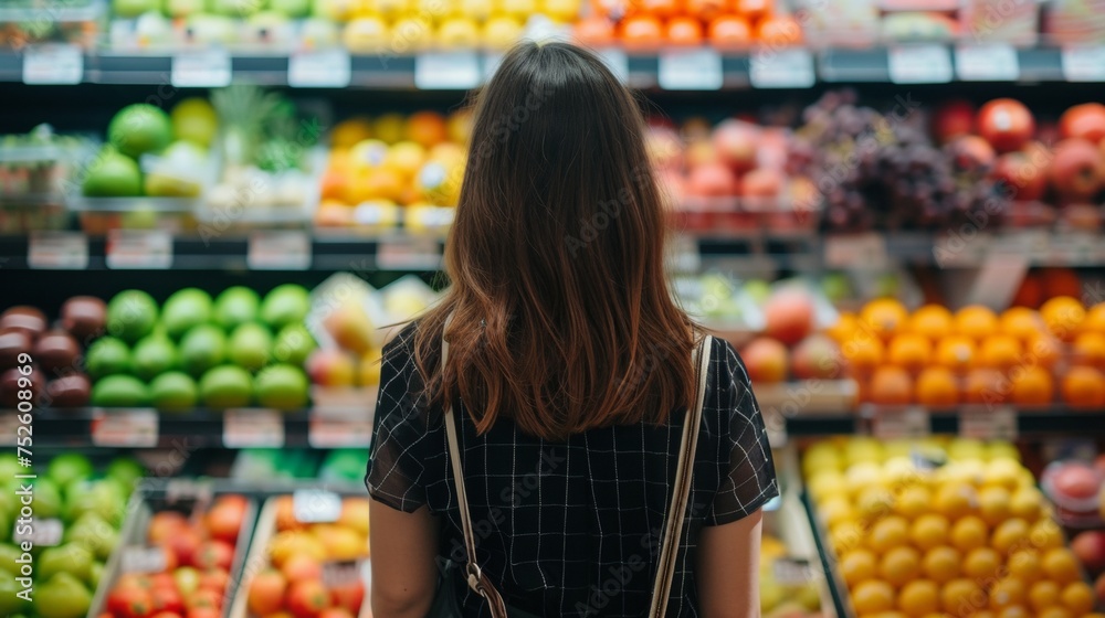 A female shopper in a grocery store shopping for food.