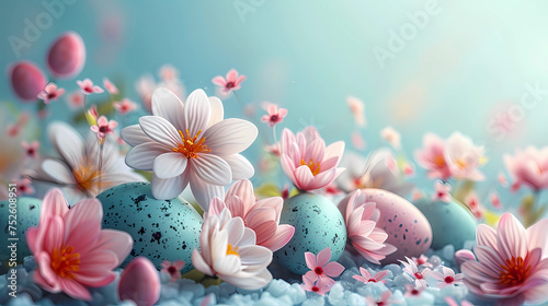 pink and white flowers with Easter eggs 