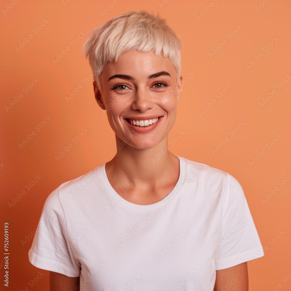 Woman With Short White Hair Smiling at Camera Woman With Short White Hair Smiling at Camera