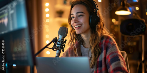 Happy young woman using studio microphone speak