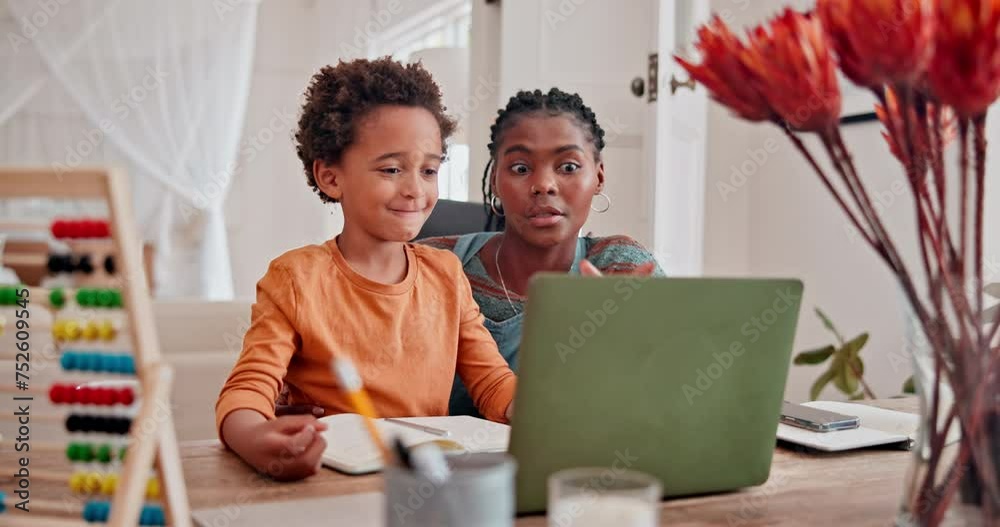 Mother, child and remote learning on laptop for virtual school with abacus for counting, math or notebook. Woman, son and home teaching for student development or study online, support or education