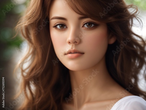 "Luminous Sanctuary: AI-Enhanced Close-up, High-Quality Portrait of Beautiful Woman with Brown Hair and White Top, Vibrant Watercolors Illuminate Elegance and Grace"