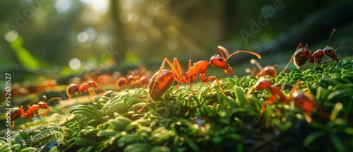 Group of Red Ants Crawling on Green Grass