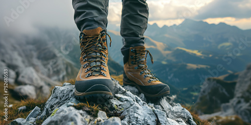 Hiking boot. Male legs with shoes on mountain