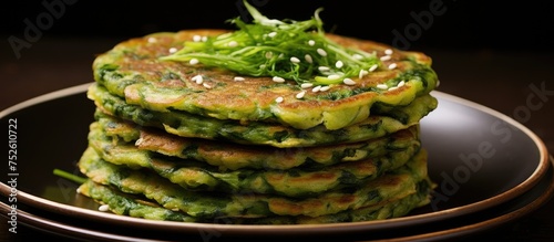 A stack of green pancakes made from delicious bindaetteok, a savory mung bean pancake, are stacked neatly on a black plate. The vibrant green color of the pancakes stands out against the dark photo