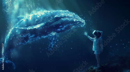 A little girl is in a virtual fantasy underwater world with a giant glowing whale when wearing VR headset.