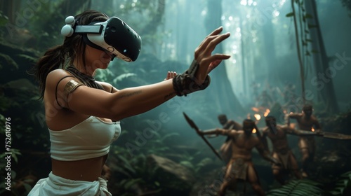 A female is in a virtual fantasy world Kung Fu fighting with opponents when wearing VR headset.