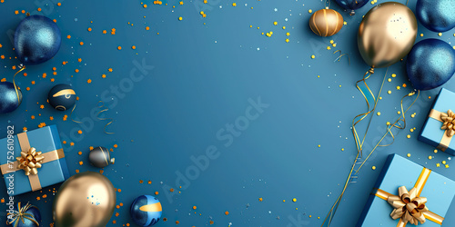 Holiday celebration background with Blue Gold balloons