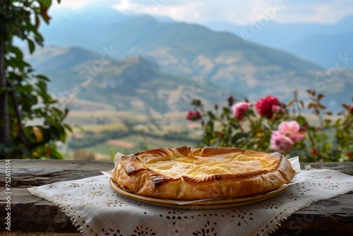Traditional Bulgarian Banitsa Pastry on a Rustic Table with Scenic Mountain Views