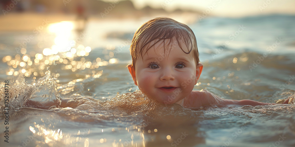 Cute baby boy swimming in the sea on the beach at sunset Cute baby boy swimming in the sea on the beach at sunset