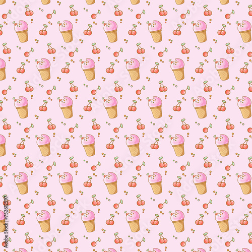 Vector seamless pattern with cherry ice cream in retro style 