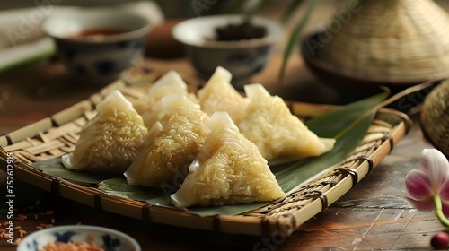 Close up,Copy space,Famous chinese food in dragon boat duan wu festival,Steamed rice dumplings photo