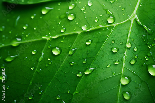 Fresh Green Leaf with Water Droplets Close-Up. Purity and Renewal in Nature Concept