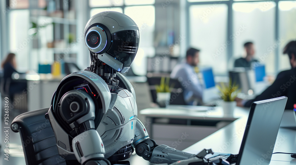 Robot Working in Professional Office on Laptop Robot Working in Professional Office on Laptop