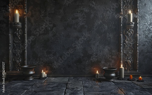 Candle fire flame lamp light abandoned house on a dark wall background. Mockup Halloween theme. copy text space.