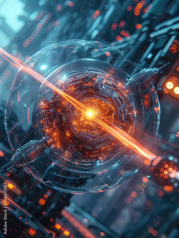 A dazzling cybernetic vortex with a glowing core, surrounded by intricate technology