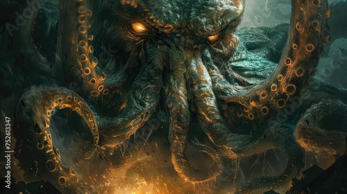 An artistic depiction of the mythical Kraken creature under the sea