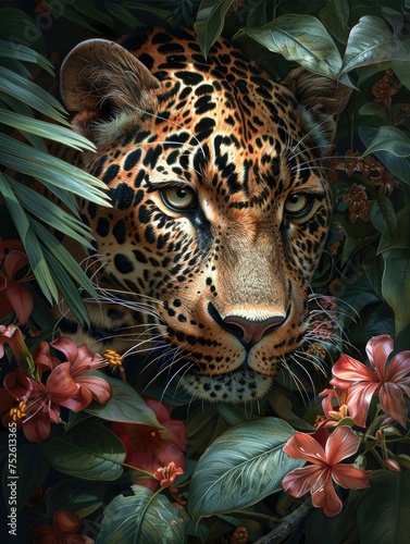 Vivid portrait of a leopard in a lush jungle environment with vibrant flora