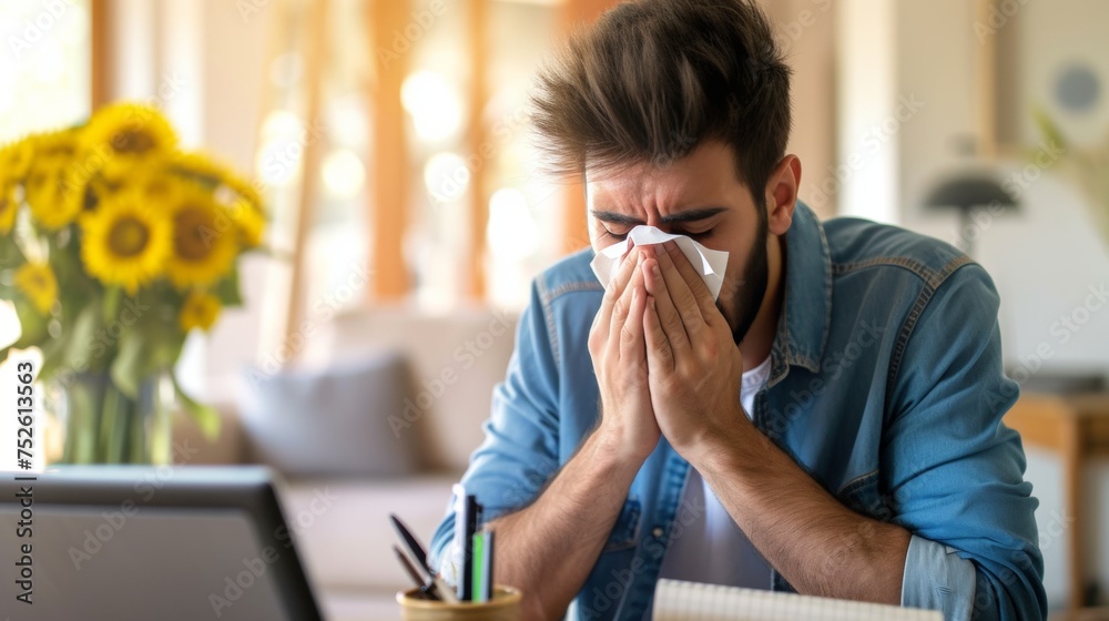 A person sneezing due to pollen allergy. A person sneezing due to pollen allergy.