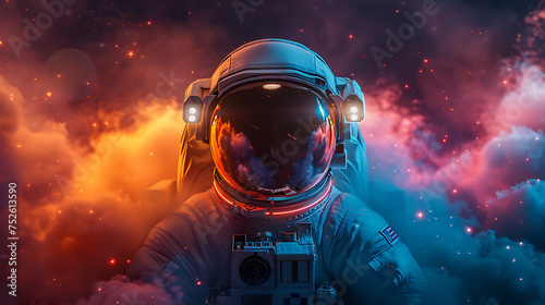 astronaut on colored and fog background, concept of poster,space mission photo