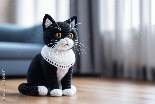 Generated image of a black and white crocheted cat sitting on top of a wooden floor, he looks very sophisticated, a stunning masterpiece