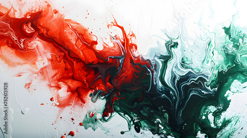 Red and green art paint swirl together creating a colorful pattern on a white canvas, resembling a world of creativity and imagination