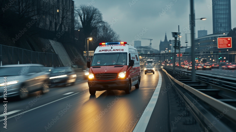 An ambulance rushing speeding on road in emergency
