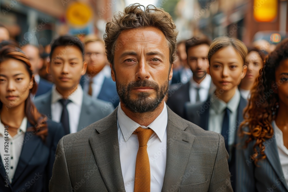 Multinational business professionals in formal attire amidst urban crowd Multinational business professionals in formal attire amidst urban crowd