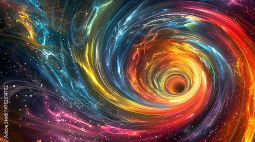 Multicolored vortex energy, cosmic spiral waves, colorful swirl tunnel, dimensional portal, abstract futuristic digital background