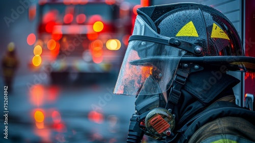 Firefighter with protection helmet at fire site