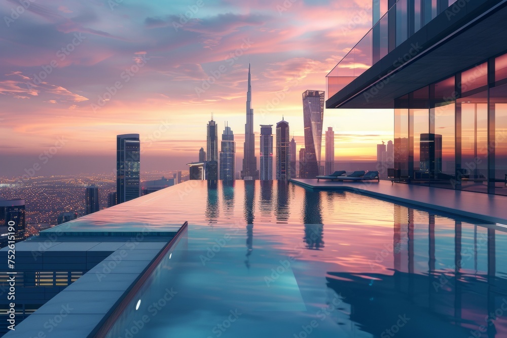 A city skyline with a large pool and a building in the background