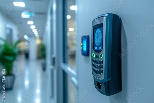 Access control. Security and fingerprint login. Background with selective focus and copy space photo
