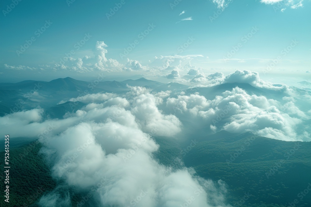 View of the sky with clouds from an airplane. Background with selective focus and copy space