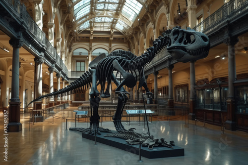 Dinosaur skeleton. Background with selective focus and copy space photo