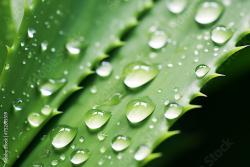 Close-Up of Raindrops on Vibrant Green Aloe Vera Leaf. Nature's Patterns and Freshness