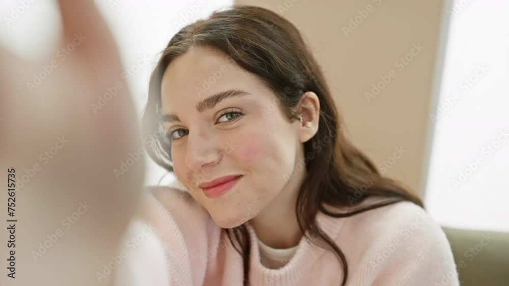 Portrait of a smiling young caucasian woman in casual wear, at home with a cozy interior. Portrait of a smiling young caucasian woman in casual wear, at home with a cozy interior.
