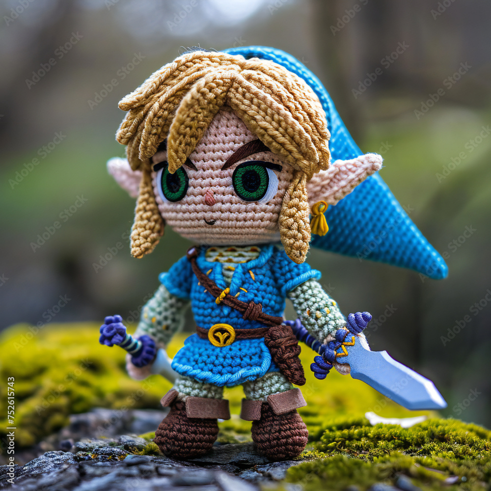Handcrafted Amigurumi Warrior - Crochet Fantasy Figure in Natural Setting, Perfect for Collectors and Gifts