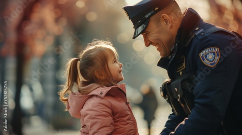 Portrait of a male police officer with a little child photo
