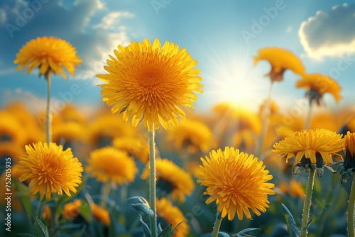 A field of yellow flowers with a bright sun shining on them