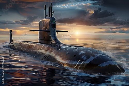 A large submarine is sailing in the ocean at sunset