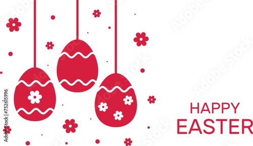 Easter background with red easter eggs with white floral designs and holiday wishes,  for use in festive communication, marketing materials, seasonal promotions, banners.