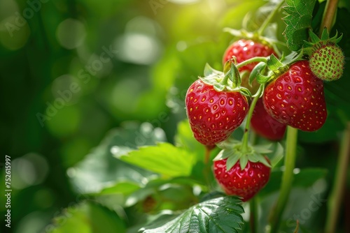 Mature strawberries on a branch surrounded by greenery