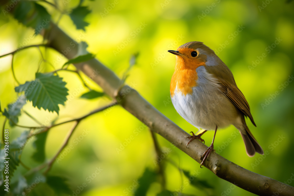 European Robin Perched Serenely on a Branch in Lush Green Forest. Wildlife in Natural Habitat European Robin Perched Serenely on a Branch in Lush Green Forest. Wildlife in Natural Habitat