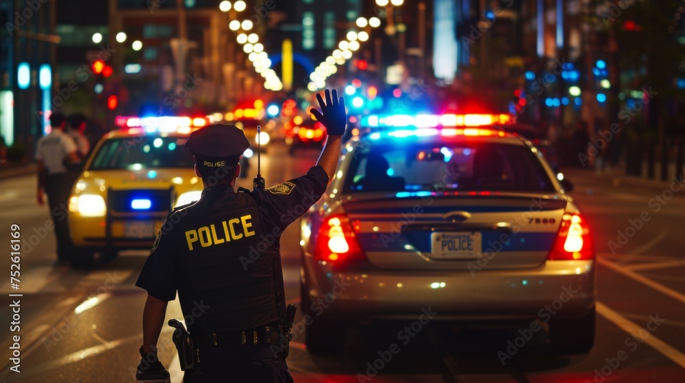 Police officer on active duty patrolling in a busy city street