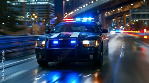Police car with flashing red blue light driving on city road