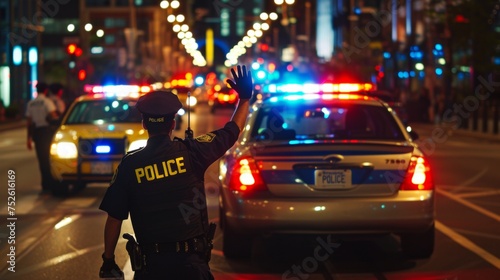 Police officer on active duty patrolling in a busy city street