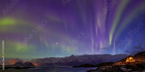 Polarlichter zur blauen Stunde am Meer auf den Vesteralen photo